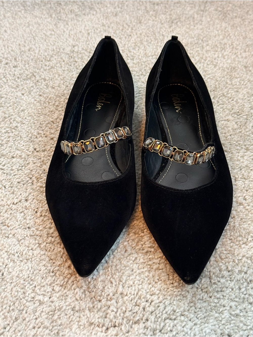 Boden Black Suede Jeweled Mary Jane Flats Pointed Toe Women’s EU 39 US 8.5